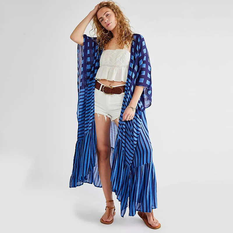 

Bohemian Striped Half Sleeve Kimono Dress Women Clothing Beach Wear Swim Suit Cover Up robe de plage