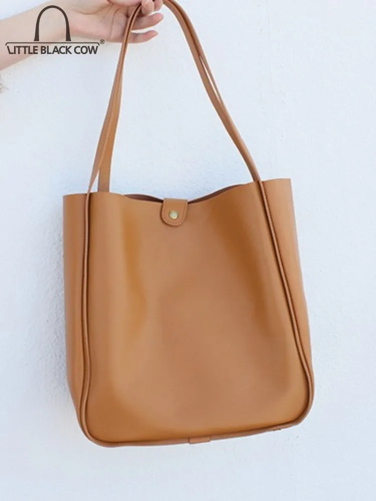

High Capacity Harajuku Solid Color Casual Totes Office Ladies Genuine Leather Single Shoulder Bags Spring Womens Shopping Bag