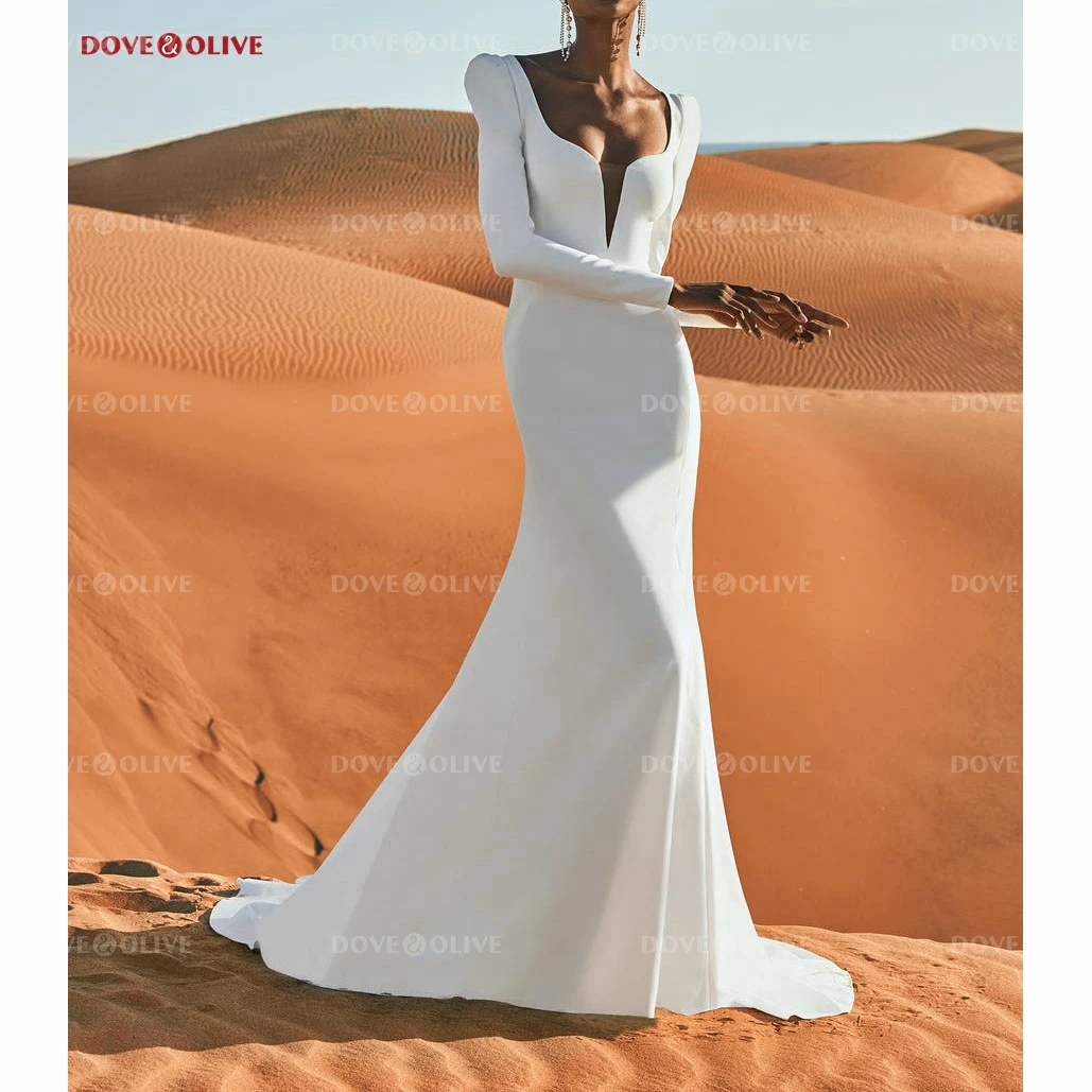 

Simple Bridal Gowns Satin Mermaid Off Shoulder Plunge V Neck Full Sleeves Sweep Train Open Back Bride Gowns Women Bridal Dress