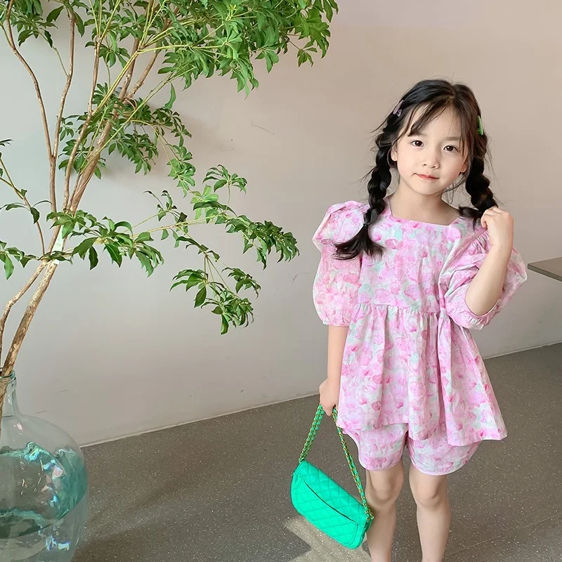 

Summer baby girls fashion floral Outfits cotton puff sleeve loose blouse and shorts 2pcs sets Kids casual clothing sets