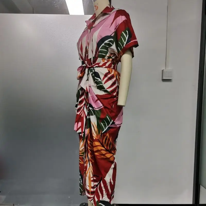 Женское миди-платье Wefads с отворотом принтом листьев коротким рукавом длинная