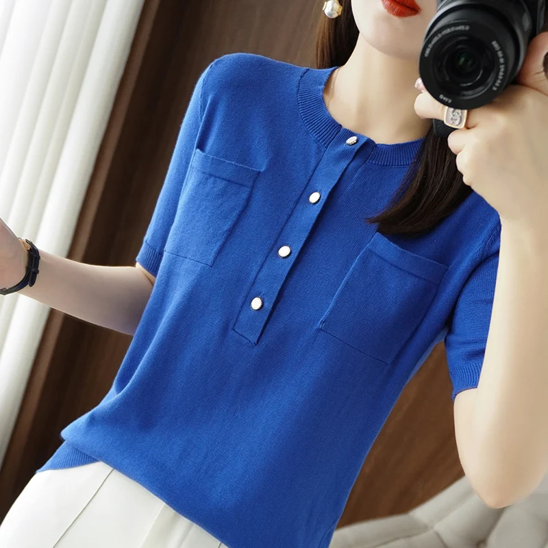 

Pure Cotton Ladies Knit Round Neck Elegant Button T-Shirt Pullover Casual Fashion Pocket Short Sleeve Top Summer Versatile Vest