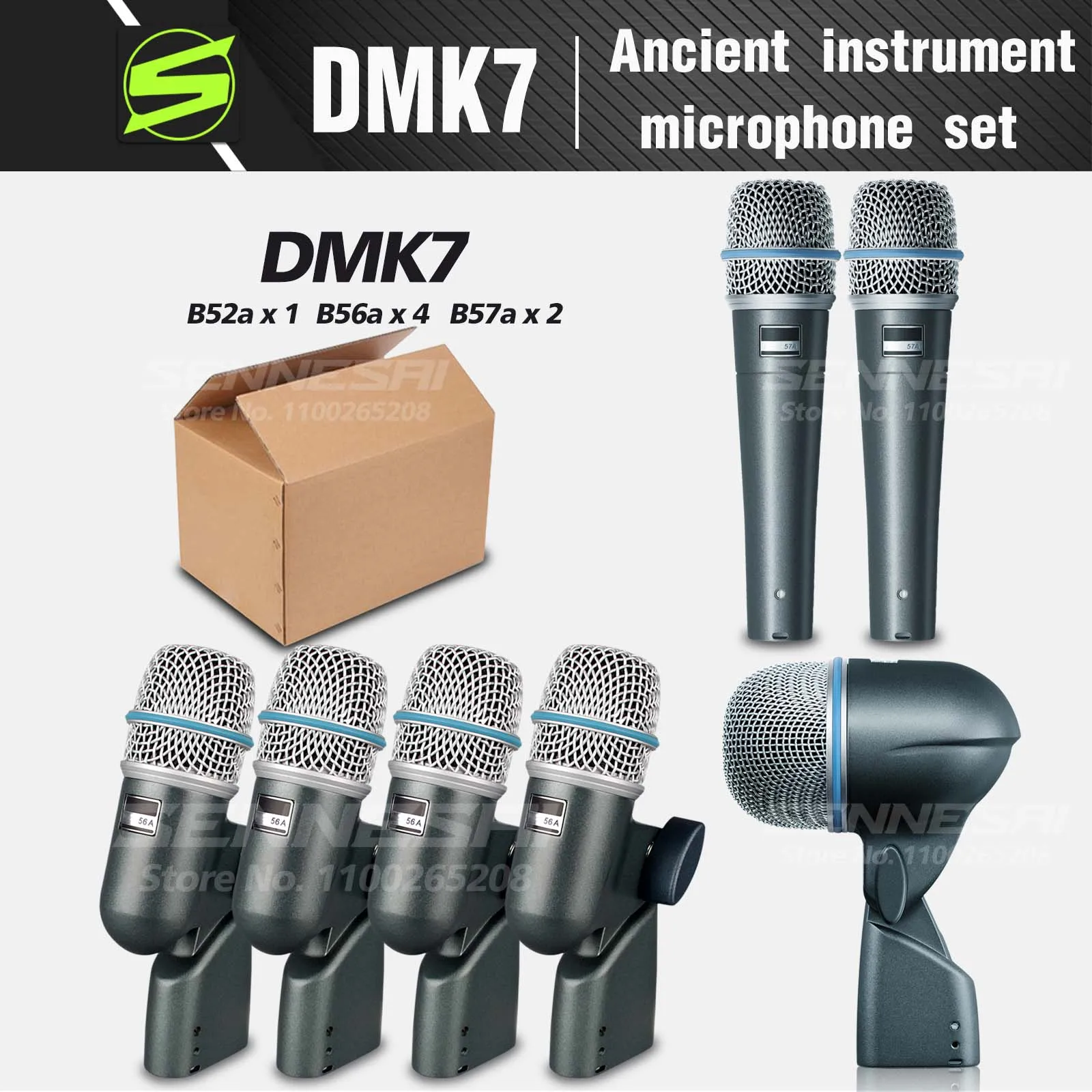 

SENNESAI BTA DMK7 7-Piece Wired Dynamic Drum Microphone (Whole Metal)- Kick Bass, Tom/Snare & Cymbals Mic Set-Use，52a 56a 57a