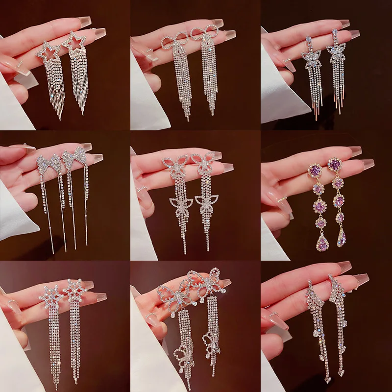 

Korean Fashion Women's Tassel Fringe Earrings 2022 Fashion Full Crystal Pearl Dangle Drop Earrings Golden Silver Brincos Jewelry