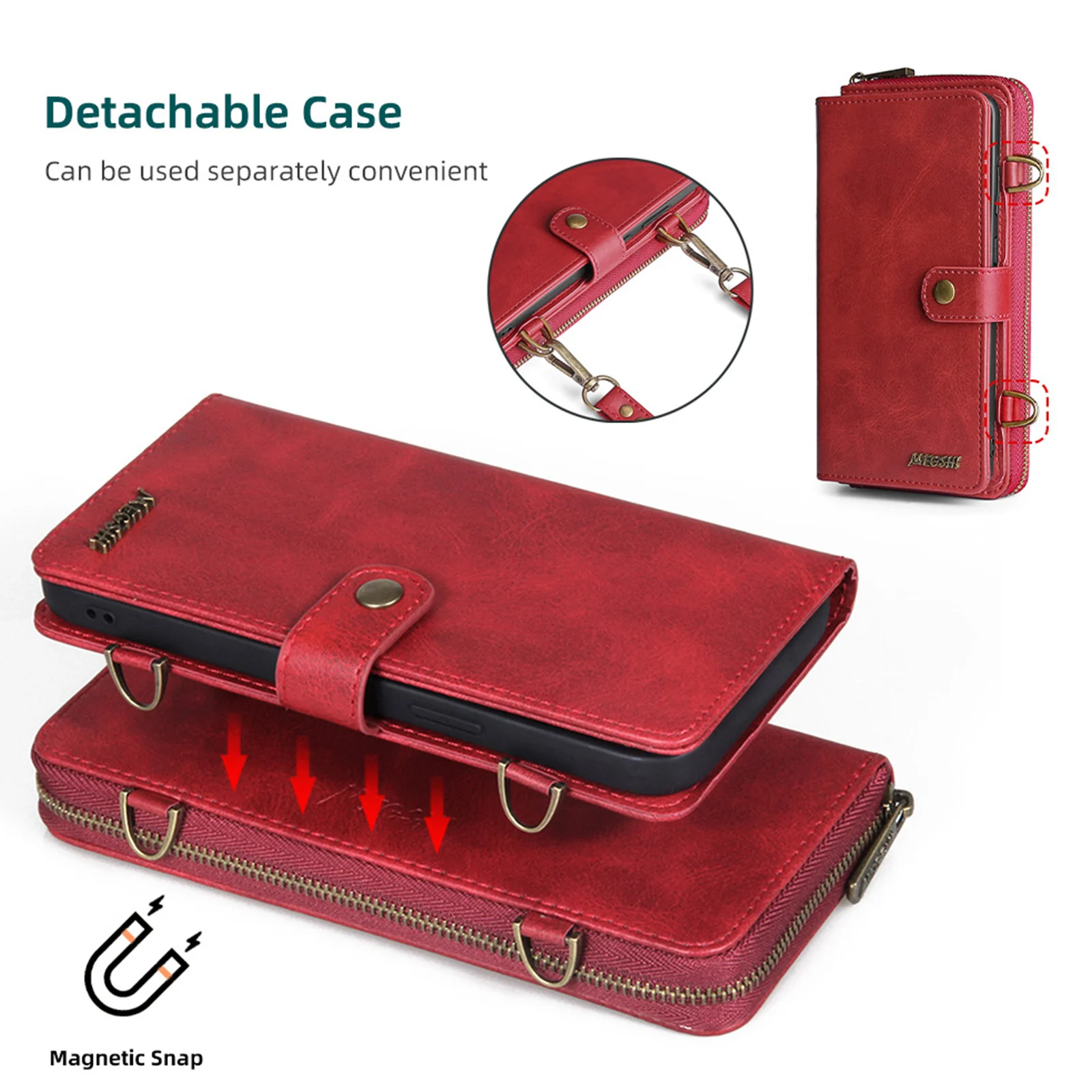 Premium PU Leather Wallet Case with Card Slot for Google Pixel 6 7 Pro 2in1 Magnetic Phone Case Cover Detachable Shoulder Strap
