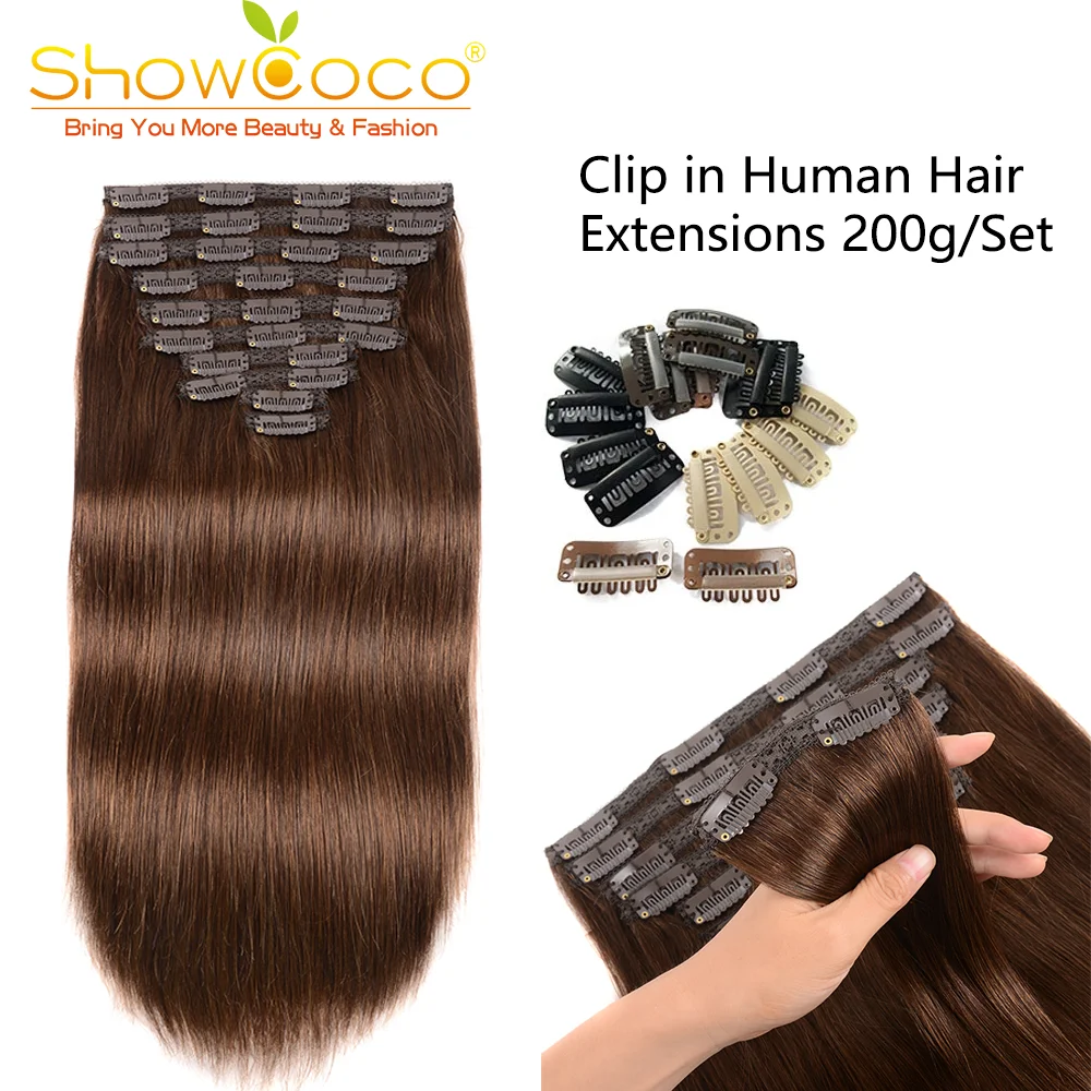 ShowCoco Clip In Human Hair Extensions Clip Ins 200G 10Pcs/Set 100% Remy Silky Straight Natural Clip-on Hair For Women