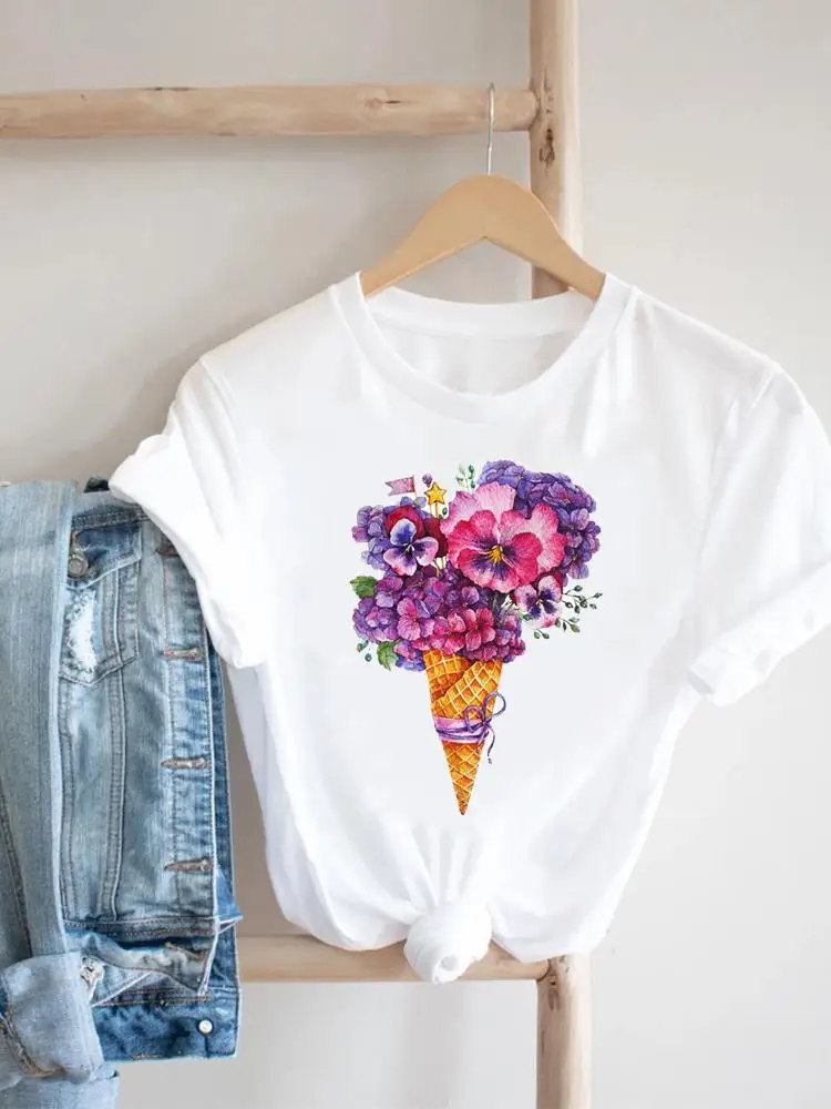 

Female Top Ice Cream Flower Cute Short Sleeve Tee Casual Summer Clothes Women Clothing Print Tshirt Fashion Graphic T-shirt