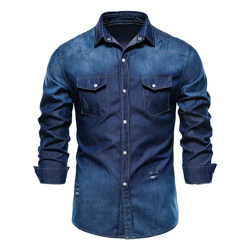 

2022 new men's slim denim shirt casual fashion trend Korean version ripped hole US size men's shirt vintage shirt