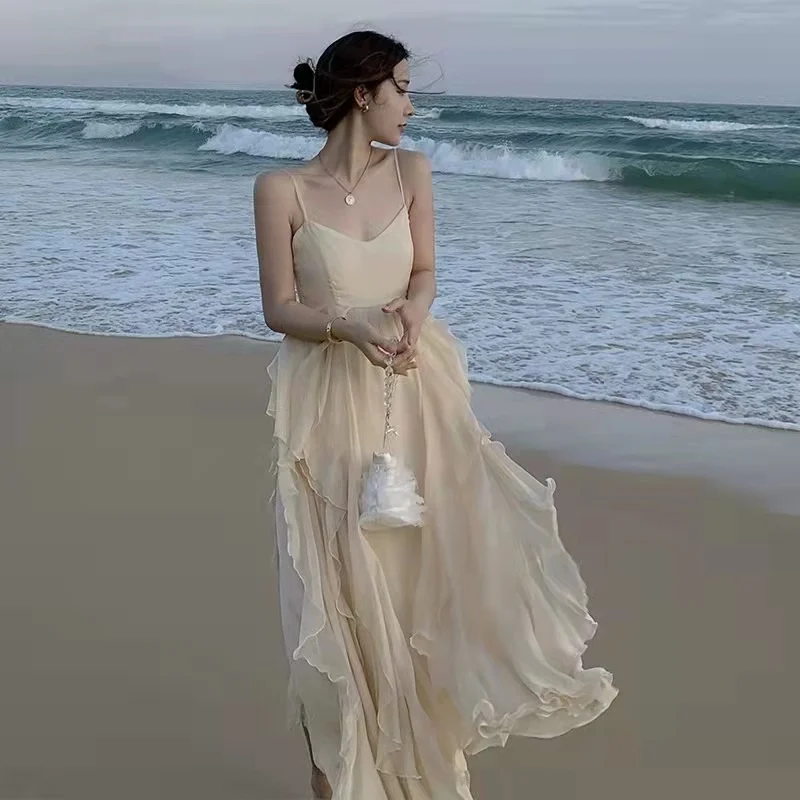 

The New 2022 Web Celebrity Chiffon Dress Female Seaside Summer Resort Bali Beach Dress Skirt Super Fairy Condole