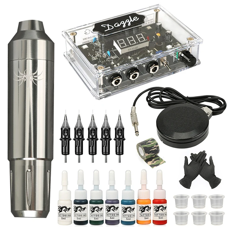 Complete Tattoo Machine Kit LED Digital Tattoo Power Supply RCA Connector Rotary Tattoo Pen Ink Set With 5pcs Cartridge Needles