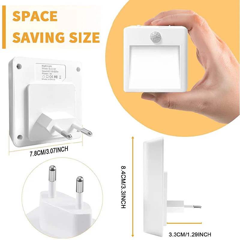 

Motion Sensor LED Night Light EU US Plug Cabinet Square Night Lamp Bedside Lights For Bedroom Closet Besides Indoor Lighting