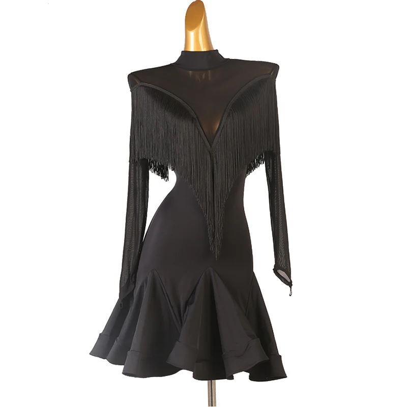 

Latin Dance Clothes For Women Adult/Kids Custom Made Clothes Long Sleeve Gauze Fringe Dress Professional Rumba Costumes DQL7501