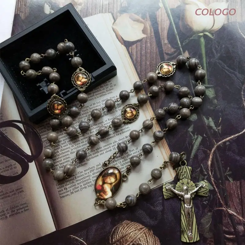 

Glass Rosary Beads Catholic Necklace Virgin Mary Medal Cross Christian Holy Religious Gifts Rosaries for Women and Men