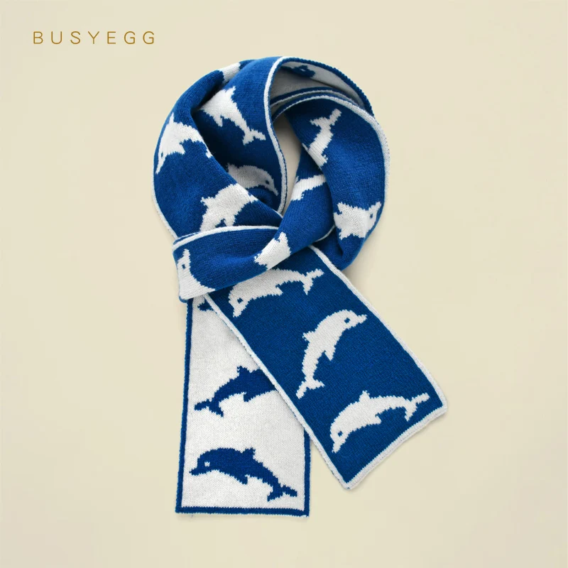 

Cute Blue Ocean Dolphin Children's Wool Mini Scarf for Boys and Girls Autumn Winter kids scarves