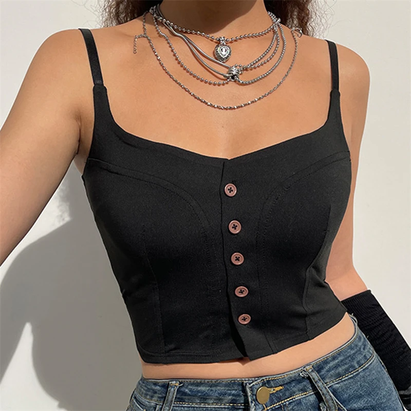

Y2K корсет на пуговицах, топ с заплатками, укороченный топ на бретелях-спагетти, ретро черный базовый Повседневный мини-жилет, женская летняя ...