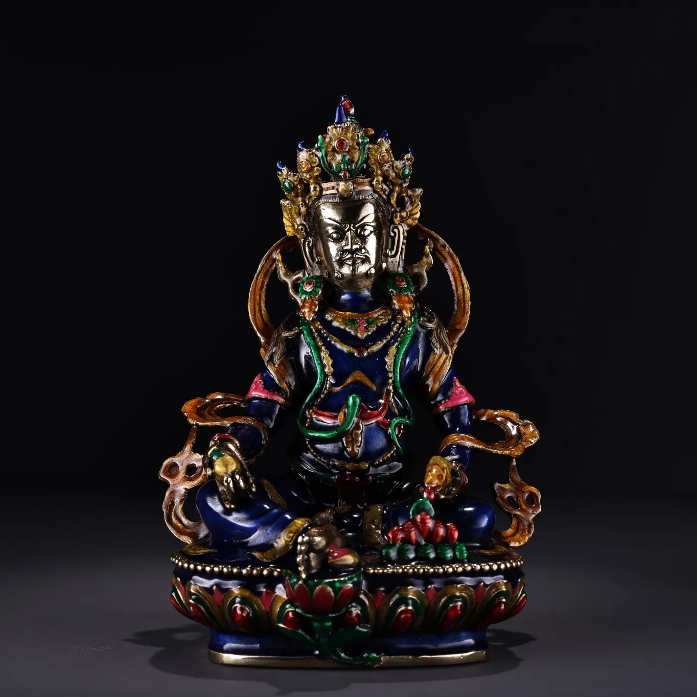 

10" Tibetan Temple Collection Old Bronze Cloisonne Huang Caishen Yellow God of Wealth Buddha lotus platform Town house Exorcism