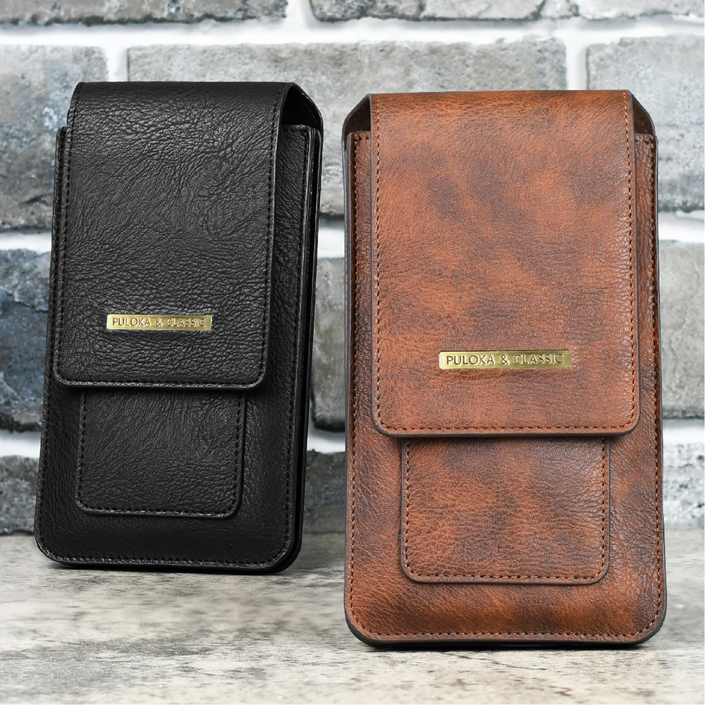 

Puloka Universal Mobile Phone Bag For iPhone/Samsung/Xiaomi/OnePlus/Poco Leather Case Flip Card Holder Holster Men Belt Pouch