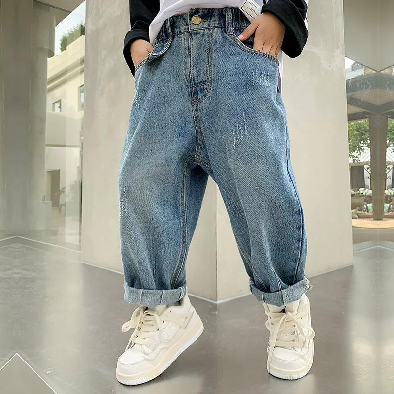 

Jeans for Boys Spring 2023 Blue Fashion All-match Young Children's Casual Pants Winter Fleece Thick Kids Trousers 10 12 13 Years