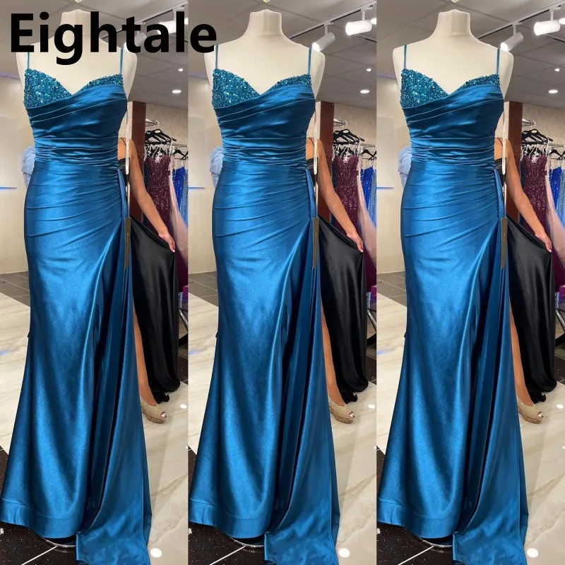 

Eightale Blue Mermaid Evening Dresses Spaghetti Straps Pleats Side Slit Celebrity Party Gown Arabia Formal Prom Graduation Dress