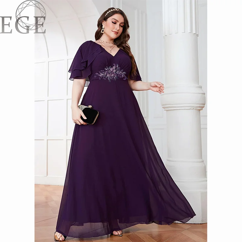 Plus Size Green Chiffon 5XL6XL Dress Luxury Evening Banquet Chiffon Loose Ruffle V Neck Short Sleeve Long Dress Plus Size