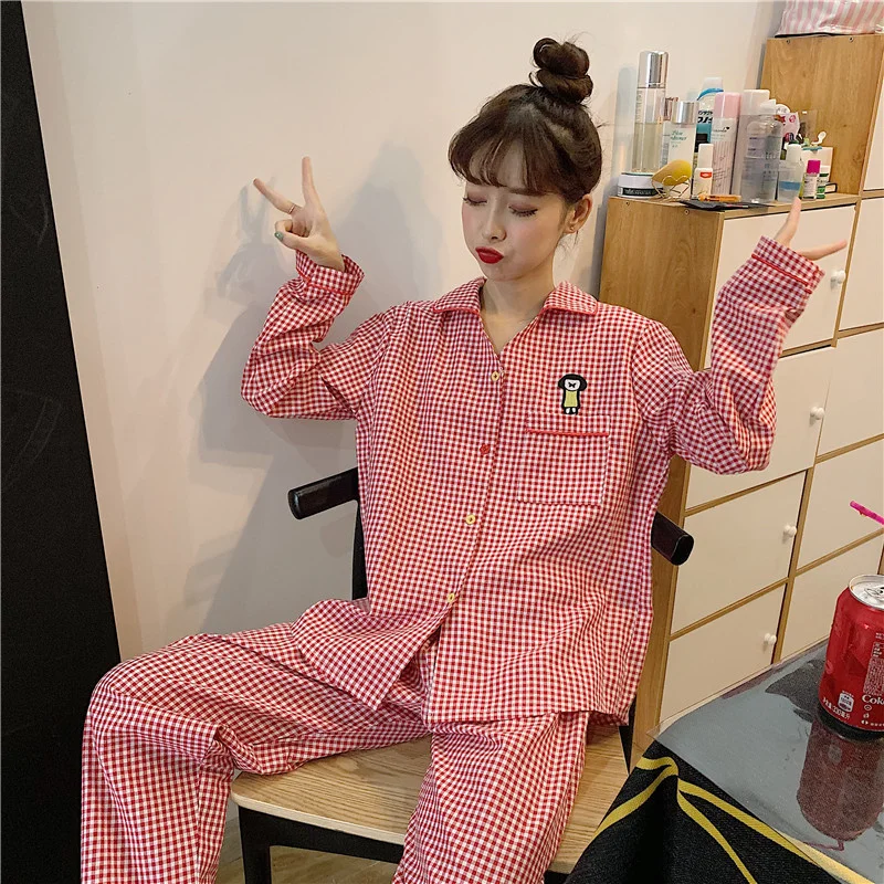 

Ladies Pajamas Set Plaid Cardigan Long Sleeve Pajamas Two-piece Sweet and Cute Comfortable Homewear JJF0035