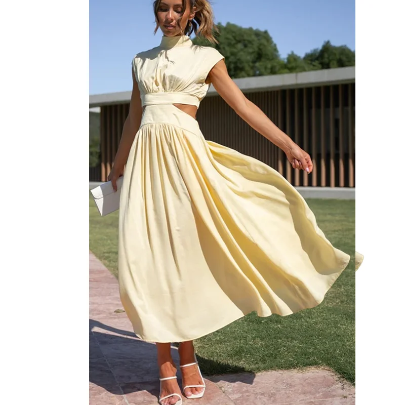 

Fashion Women Sleeveless Cut Backless Dress Spring Summer Pocket Long Maxi Dress Solid Color Sweet Elegant Casual Vestido 25544
