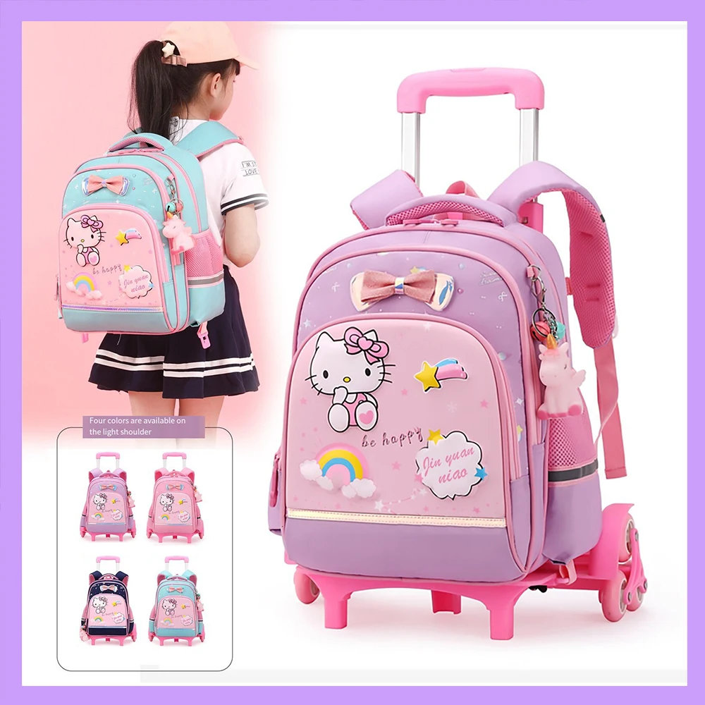 

Sanrios Trolley Schoolbag for Kids HelloKittys 시나모롤 Anime kawaii Girls Large Capacity Waterproof Bags Rolling Backpack Student