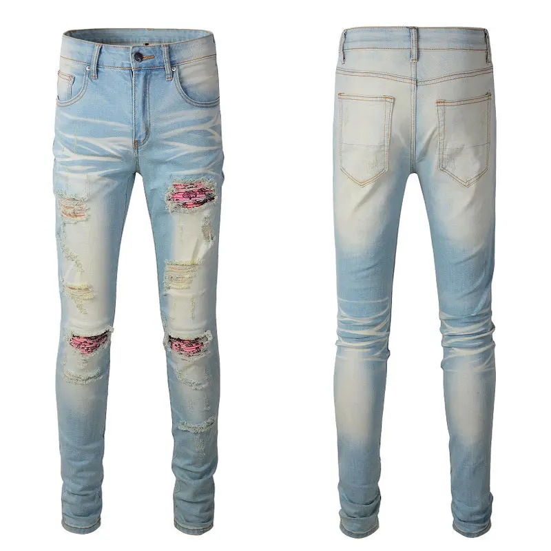 Fashion Designer Men Jeans Retro Light Blue Stretch Slim Fit Ripped Jeans Men Patched Hip Hop Brand Pants Hombre Punk Trousers