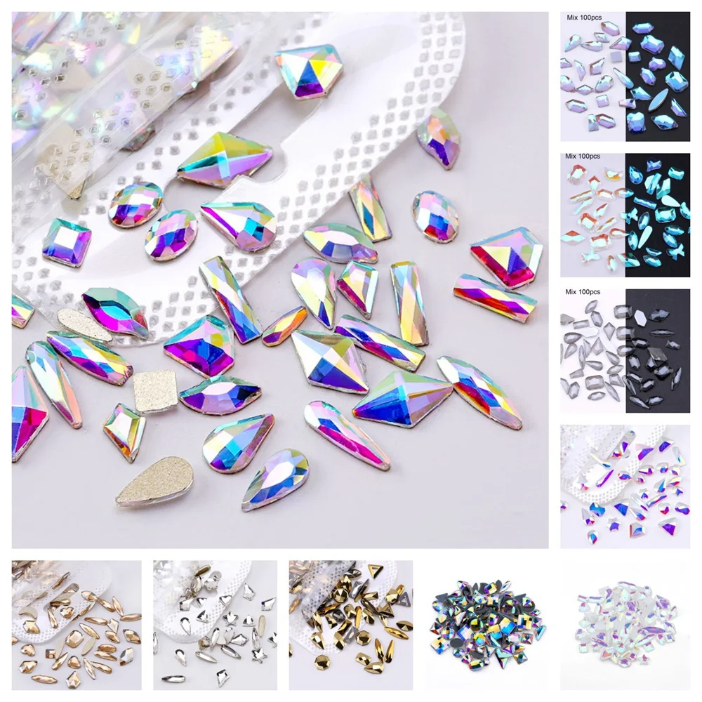 

Mixed 50/100pcs popular electroplating fantasy color flat bottomed glass shaped nail enhancement diamond DIY jewelry