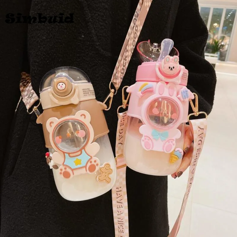 

700ml Kids Water Bottle Kawaii Plastic Cup with Lid and Straw Cute Cartoon Tumbler Girls Portable Leakproof Drinkware School