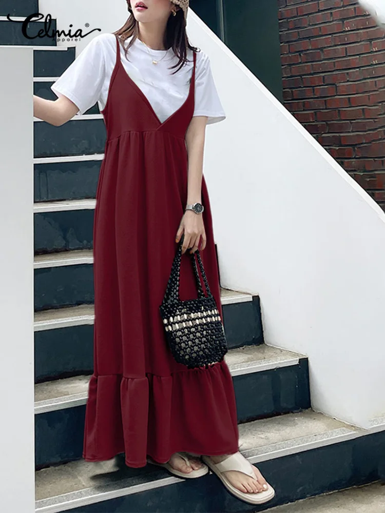 

Celmia Fashion A Line Strap Robe Women Suspenders Dress Casual Deep V Neck Maxi Dresses Summer Stithing Hem All-match Sundress