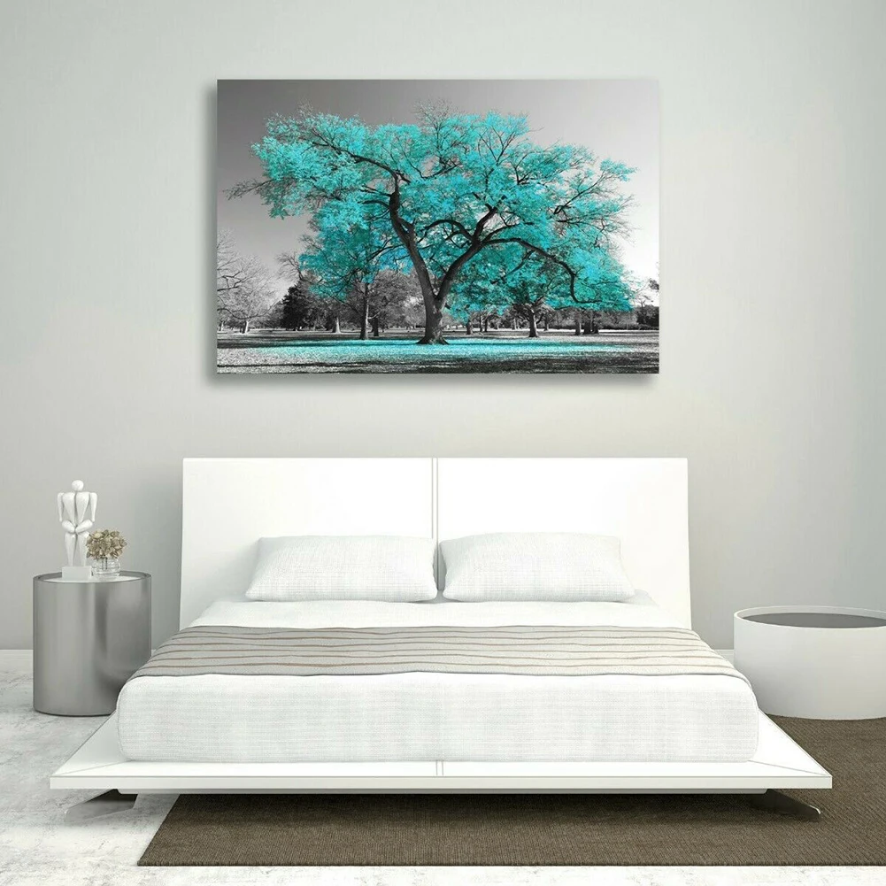 

Large Tree Teal Unframed Leaves Handpainted Oil Painting Black White Canvas Wall Art Picture Print Decor 40x60cm