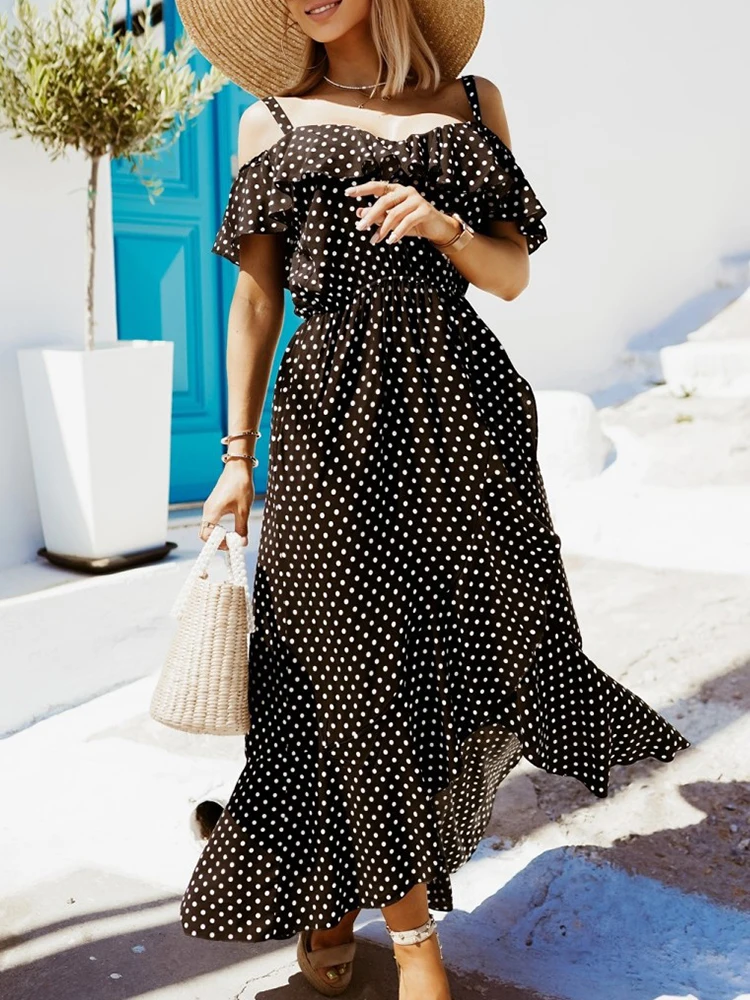 

Casual Summer Women Polka Dot Print Dresses 2022 Short Sleeve Ruffle Waist Loose Long Dress Sexy Pleated Irregular Sling Dress