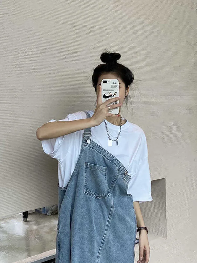 

Spring Summer Ladies Fashion Casual Denim Strap Dress Women Sleeveless Adjustable Suspenders Patch Casual Solid Jeans Long Skirt