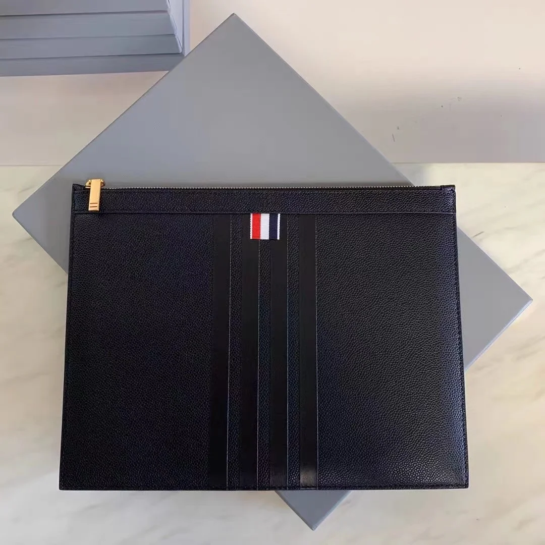 

TB THOM Clutch Bag Fashion Business Design Black 4-Bar Striped Handbags Long Zipper High-Quality Leather Mobile Phone Mens Bag