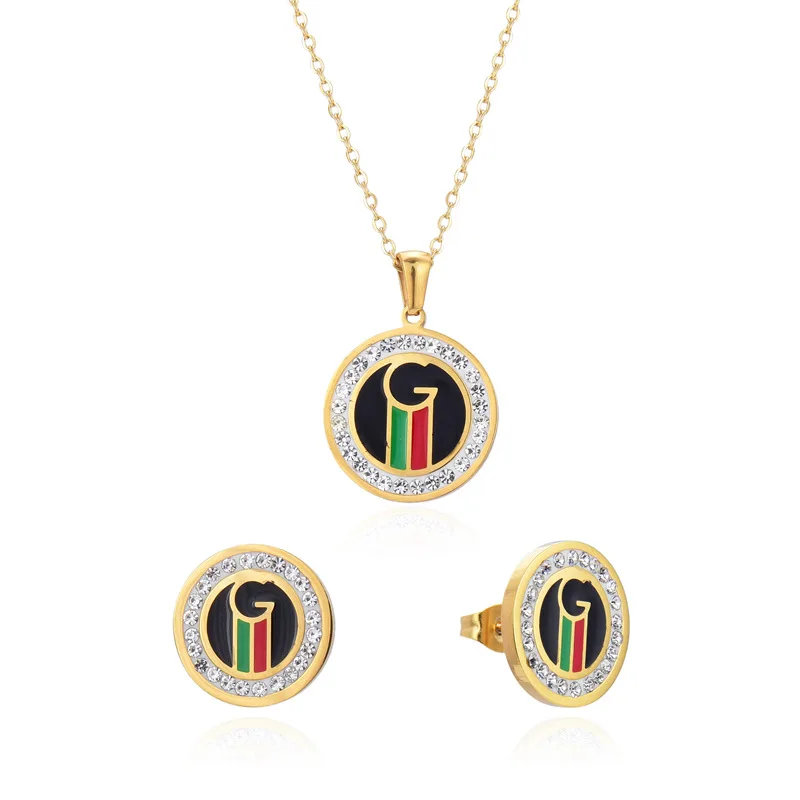 

G&D Luxury Stainless Steel Gold Color Green Necklace For Women Jewelry Gift Titanium Steel Black Earring Set 2022 New Trends