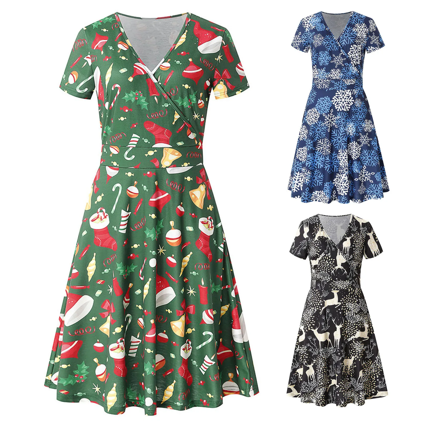 

Christmas V-neck Swing Short Women's Dress Skirt Sleeve Print Fashion Women's Dress Rose Outfits