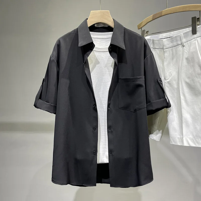 

Men's Casual Blouse Solid Color Shirts Summer Short Sleeve Tee Shirt Pocket Men Loose Tops Fashion Square Neck Simple Shirts