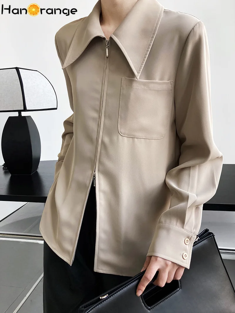 

HanOrange весенние женские модные темпераментные двухсторонние рубашки на молнии с драпировкой Туники женские топы с длинными рукавами