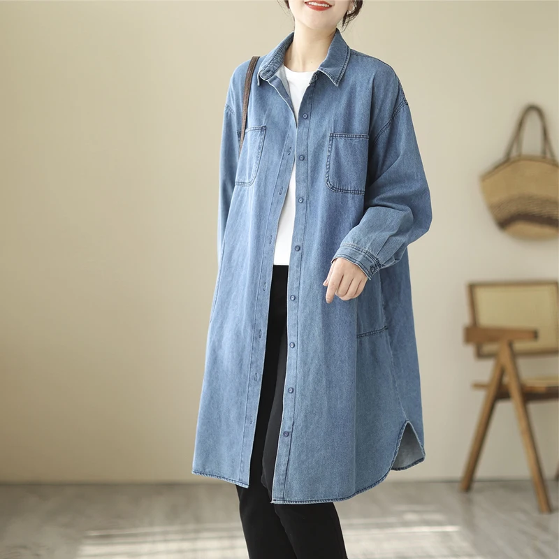 

SuperAen Vintage Wash Denim Coat Loose Long Shirt Dress for Women Autumn 2022 Tops
