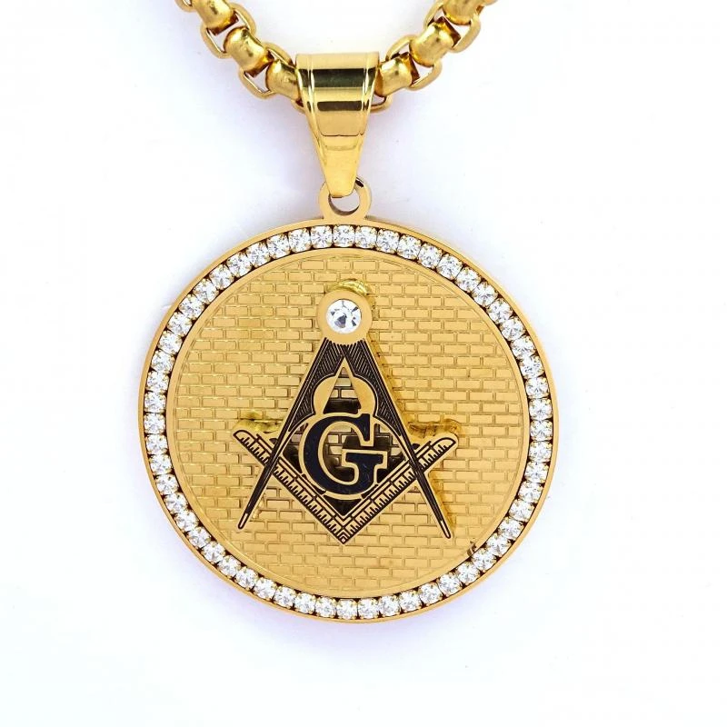 

Высококачественный позолоченный инкрустированный фианитом Хрустальный масонский кулон ожерелье из нержавеющей стали Мужская Уличная мод...