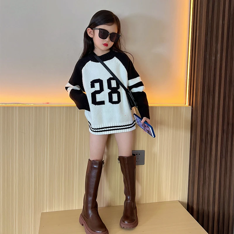 

Spring Autumn Girls Sweater Baby Knitwear Kids Knitted Tops Children Pullover Clothes Ins Striped Rib Knit Ripped 4-13Y