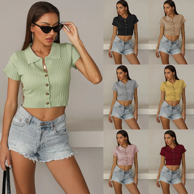 

Summer Hot Selling Pure Color Lapel T-shirt Women's Slim Knit Short Sleeve Top Above Belly Short Tees Casual Streetwear Tops