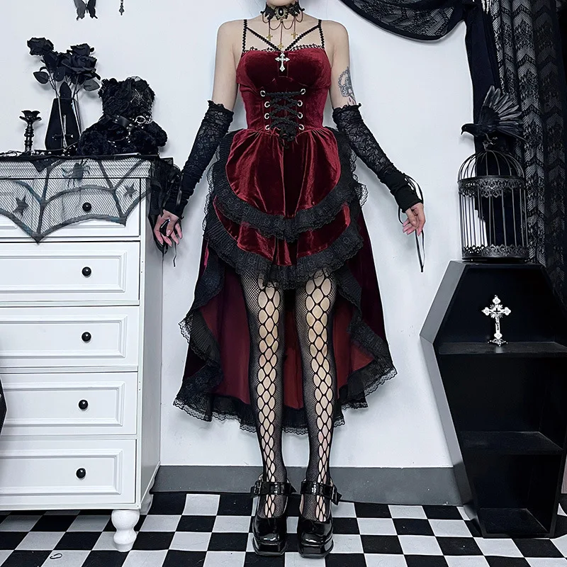 

Goth Dark Gorgeous Lolita Gothic Cosplay Velvet Dresses Elegant Grunge Bandage Evening Dress Ladies Vintage Lace Trim Partywear