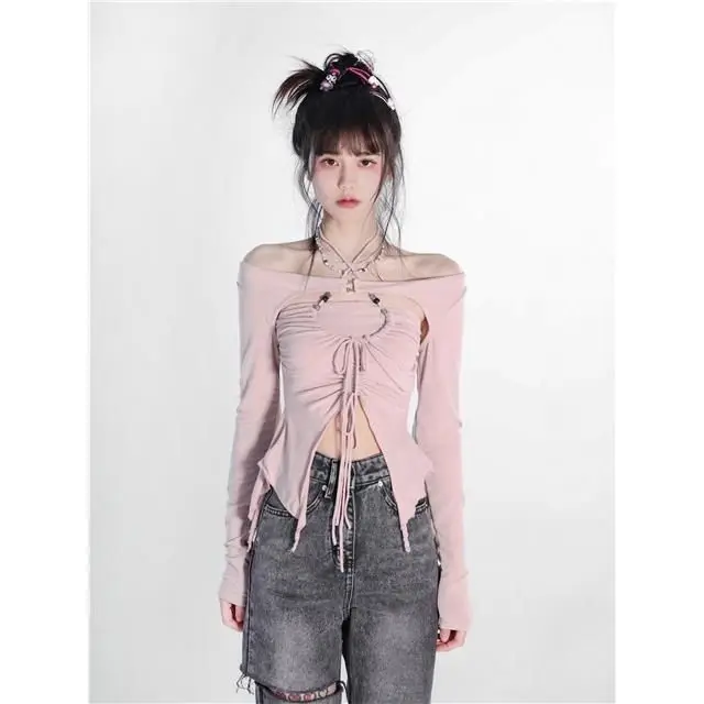 

2022 Women Fashion Clothing Y2k Girl Pink Hollow Out T-shirt Sexy Lady Slash Neck Off Shoulder Irregular Hollow Out T-shirt