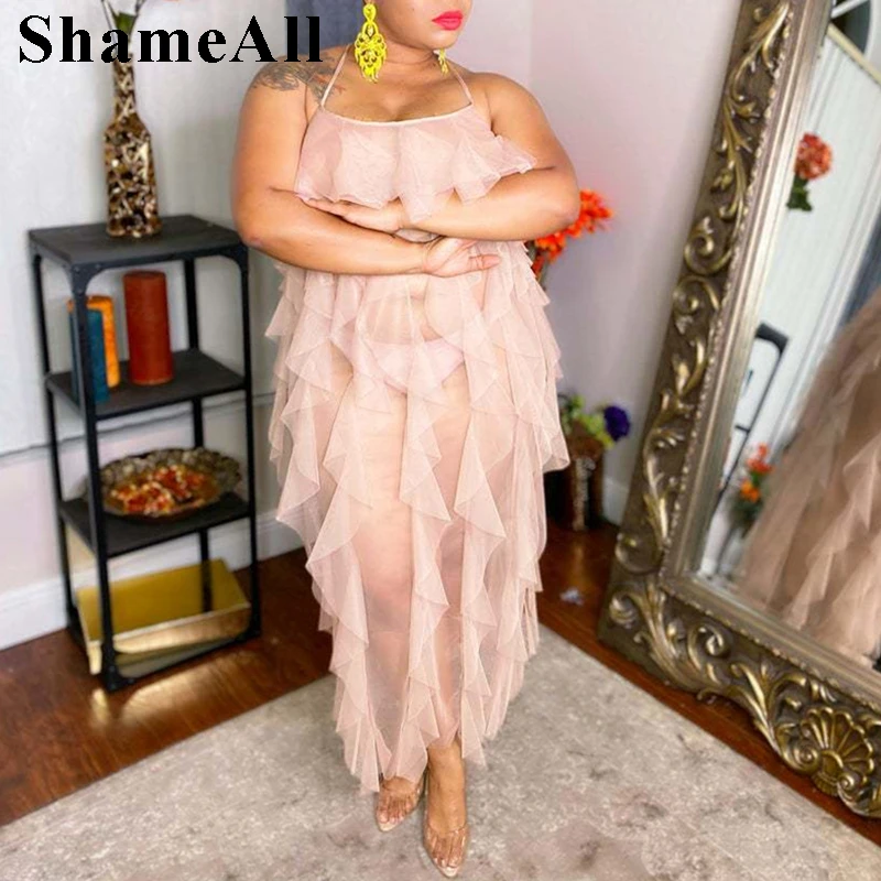 

Plus Size Cascading Ruffle Backless Transparent Club Dress 4XL Summer See Through Mesh Spaghetti Strap Long Maxi Bandage Dresses