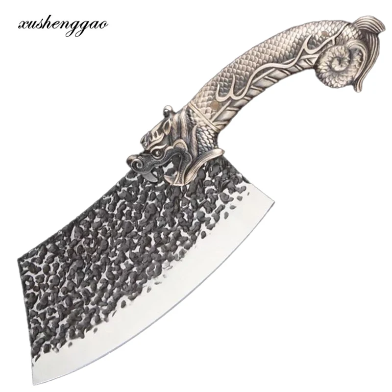 

Longquan Kitchen Knife Handmade Forged Dragon Decor Copper Handle Cleaver Slicing Chinese Chef Knife For Cutting Vegetables Meat