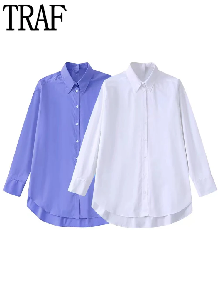 

TRAF White Long Shirt Women Asymmetric Summer Women Tops and Blouses Long Sleeve Button Up Shirts for Women Casual Top Female