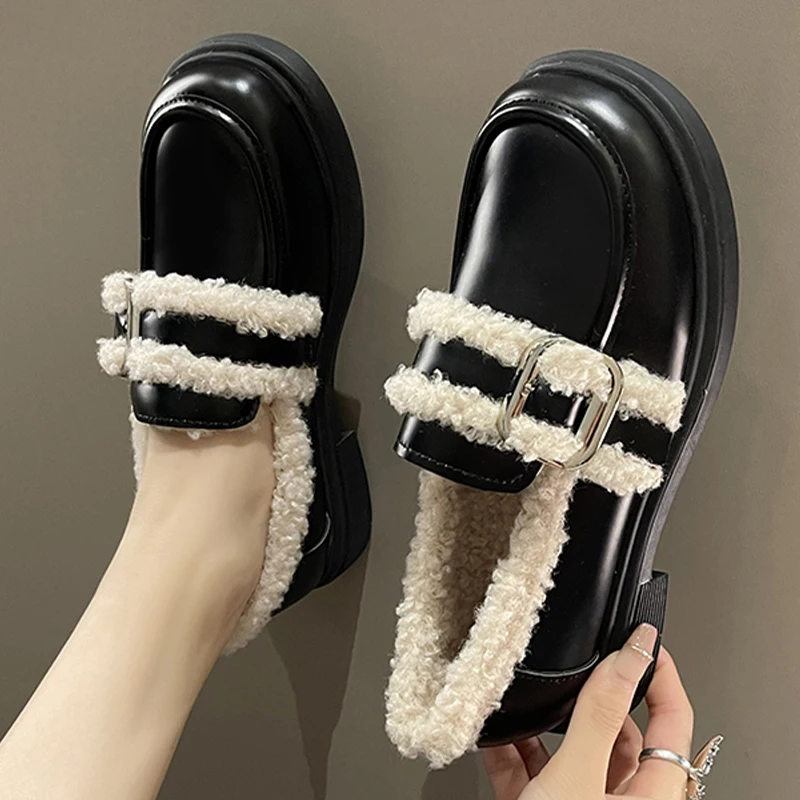 

Winter Women Boots Fur Plush Mary Janes Shoes 2022 New Fashion Ankle Boots Flats Platform Lolita Shoes Casual Oxford Zapatos