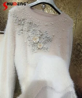 rhinestone three dimensional flower plush bottoming ruffled sweater winter long sleeve solid color underwear knitted pullover